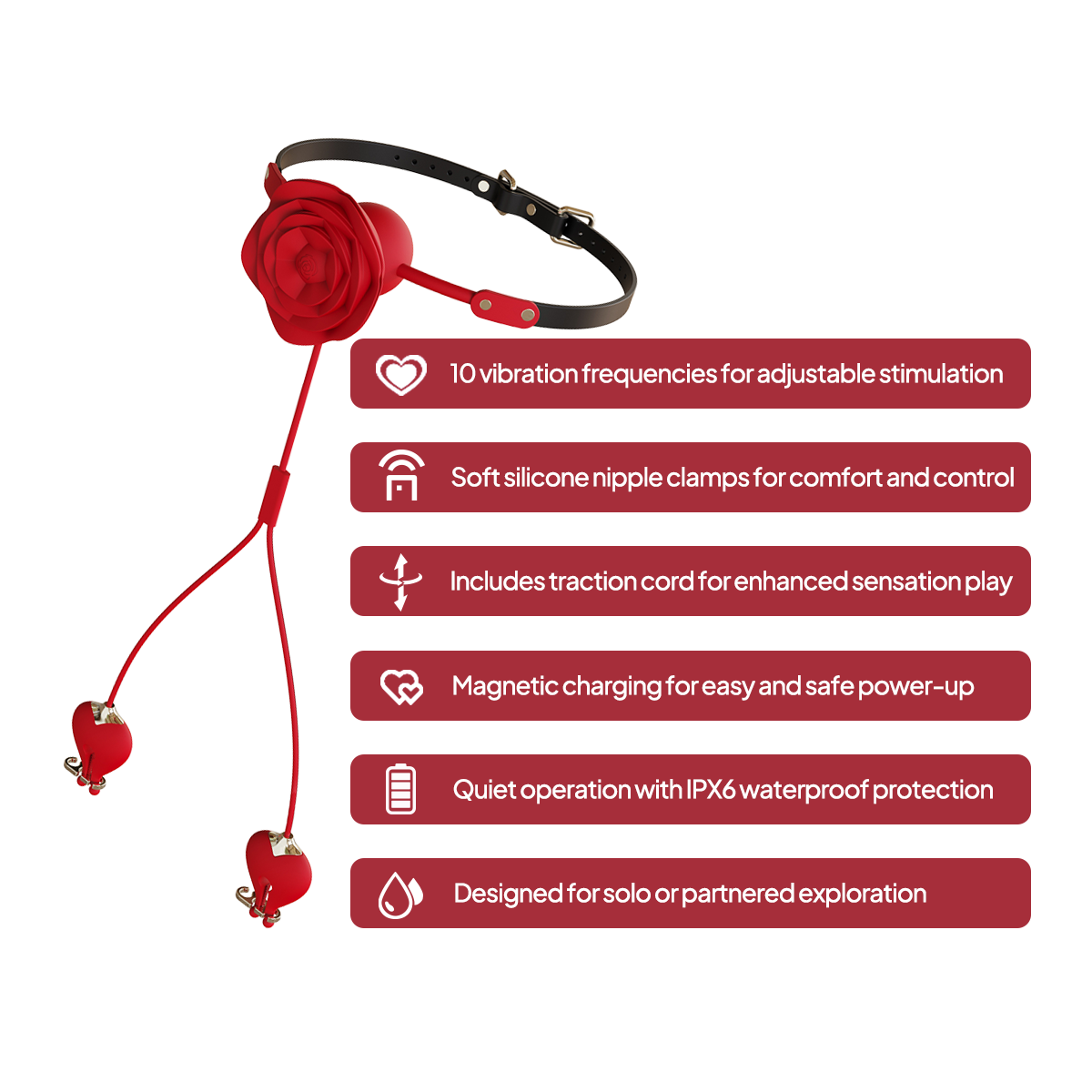 Aiersha Rose Tether: Magnetic Vibration Nipple Stimulator & Traction Clamps