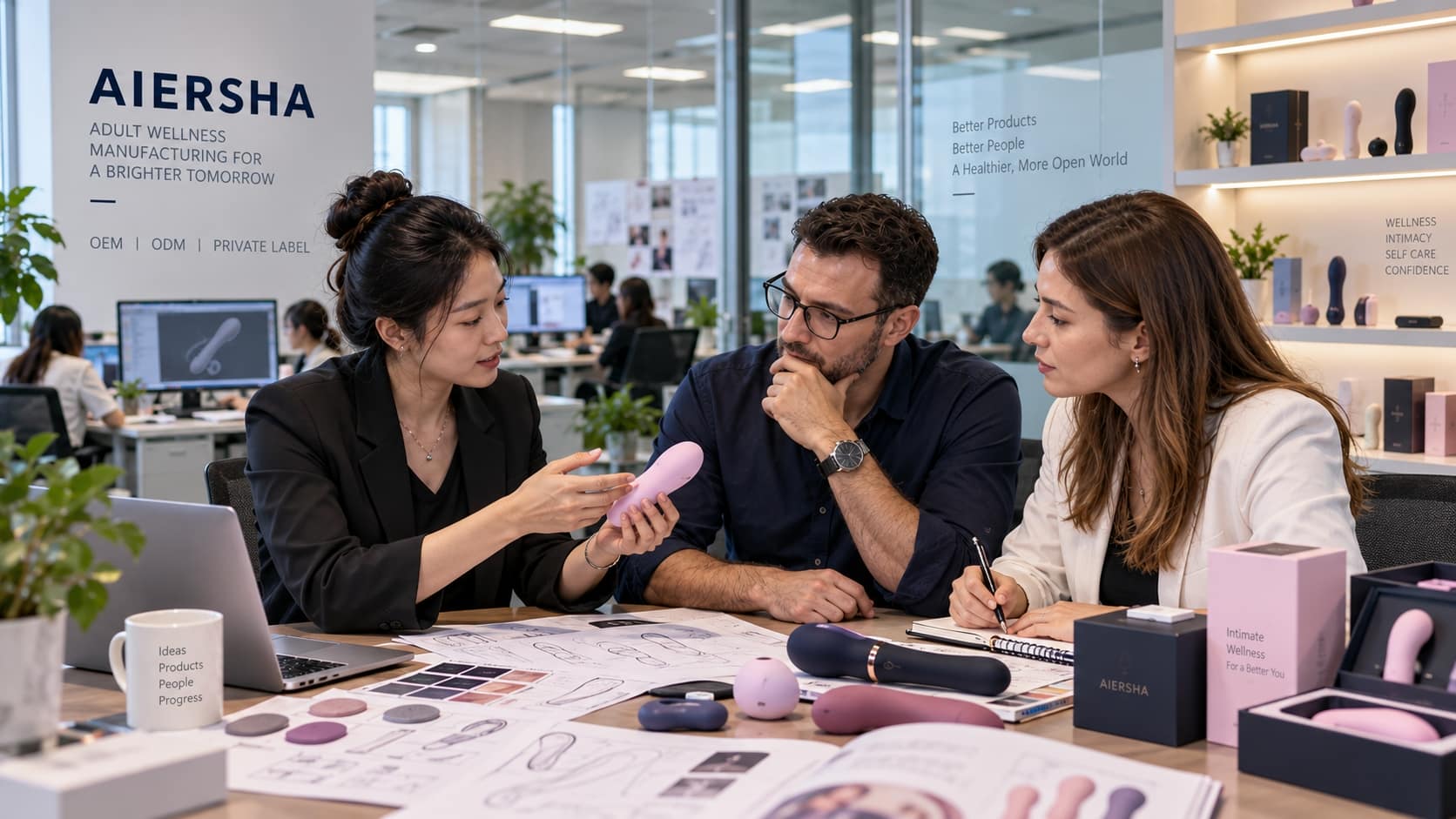 B2B-Einkäufer bespricht die OEM- und ODM-Produktentwicklung mit einem Herstellerteam