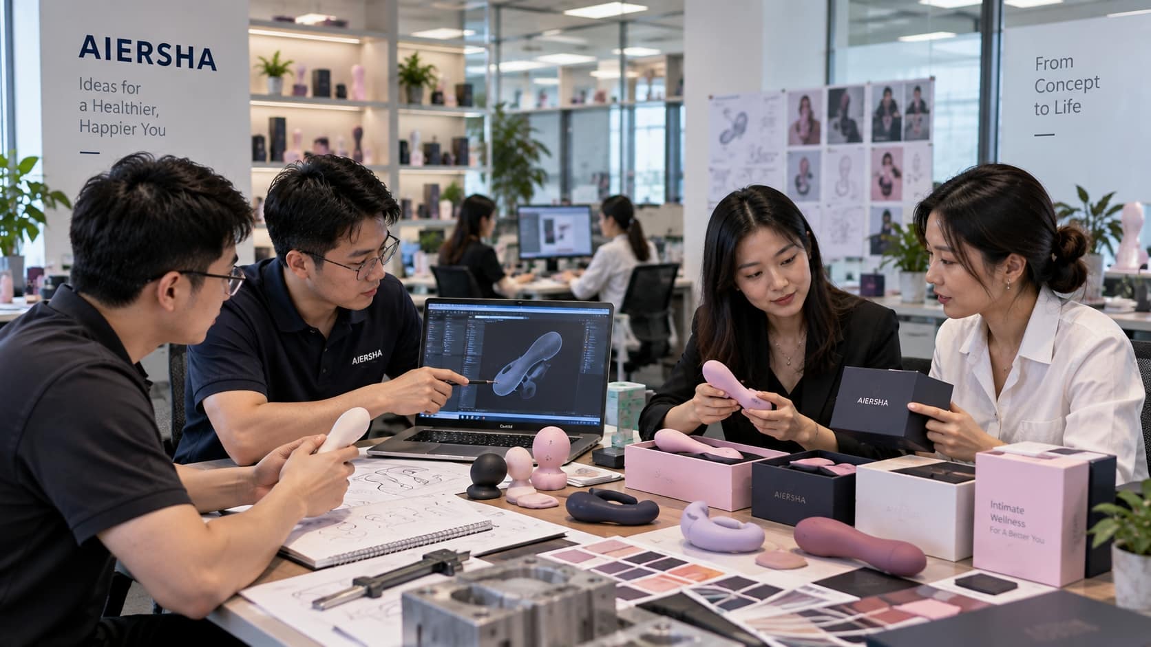 Product development team reviewing OEM and ODM adult wellness products, designs and packaging