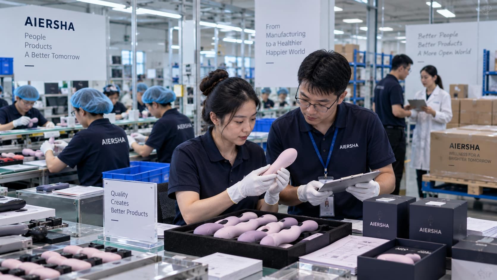 Quality control team inspecting adult wellness products during the manufacturing process