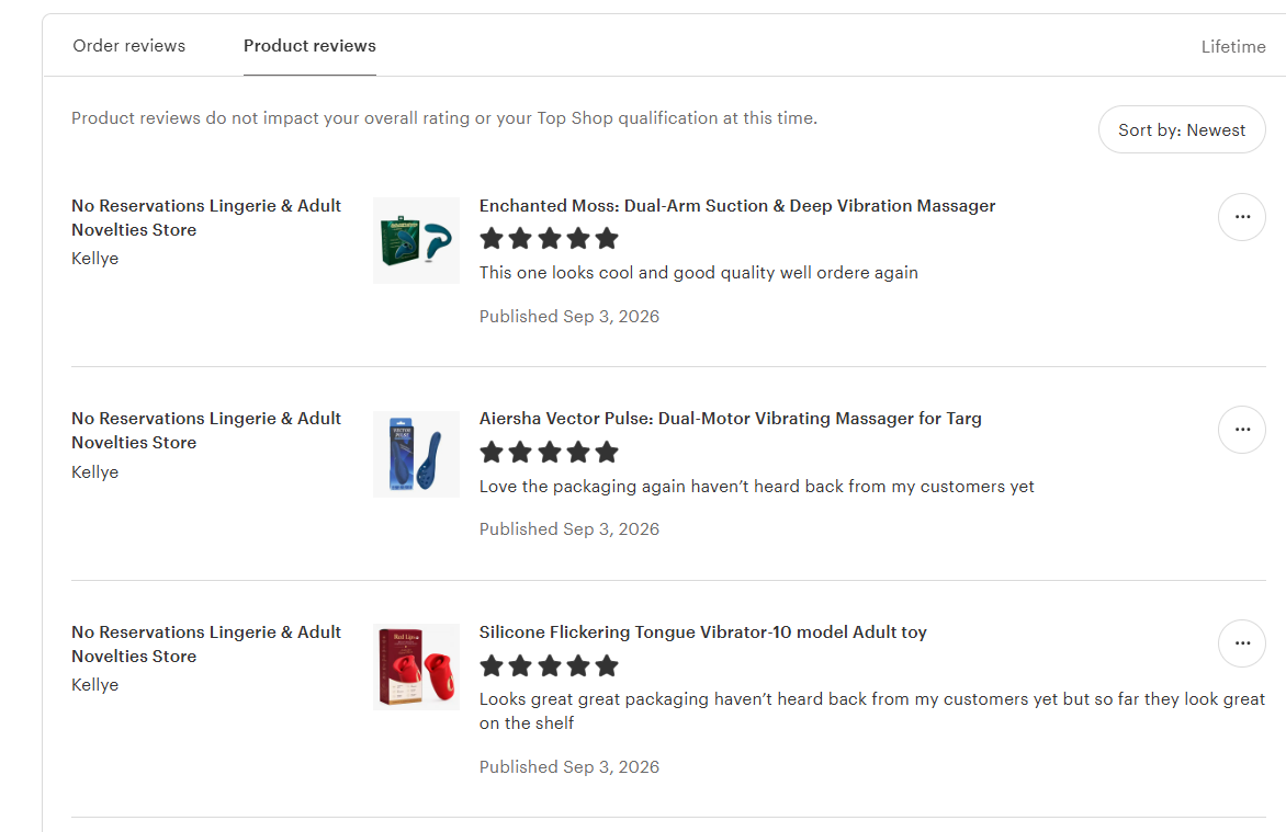 Five-star product feedback from No Reservations Lingerie & Adult Novelties Store.