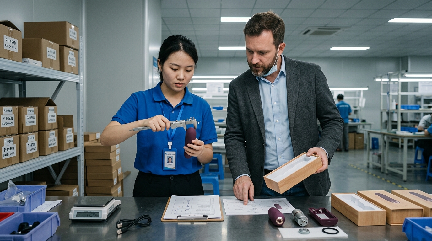 Quality control specialist and B2B buyer inspecting a private label product sample before mass production