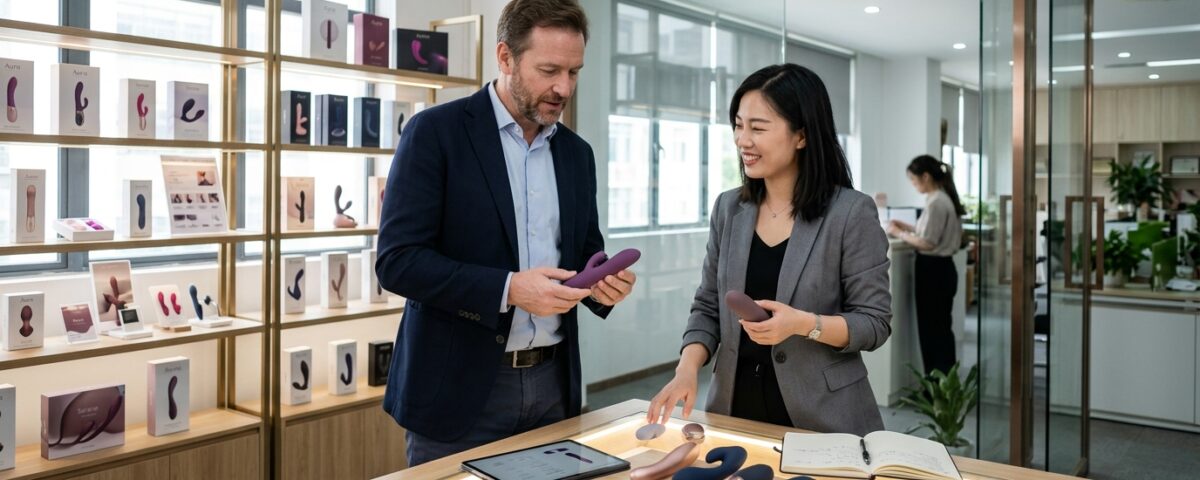 B2B buyer reviewing private label adult wellness products with an AIERSHA product specialist