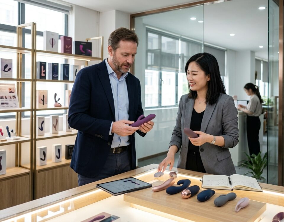 B2B buyer reviewing private label adult wellness products with an AIERSHA product specialist