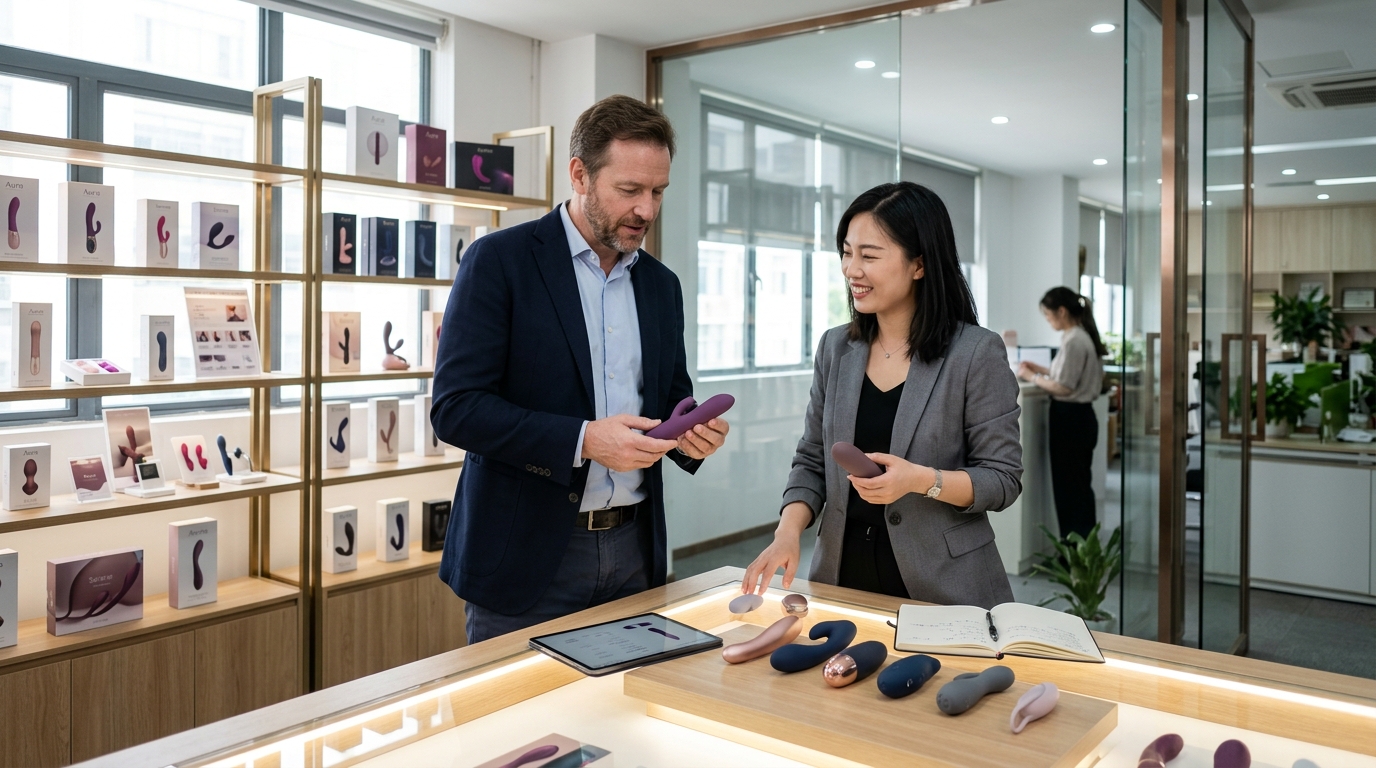 B2B buyer reviewing private label adult wellness products with an AIERSHA product specialist